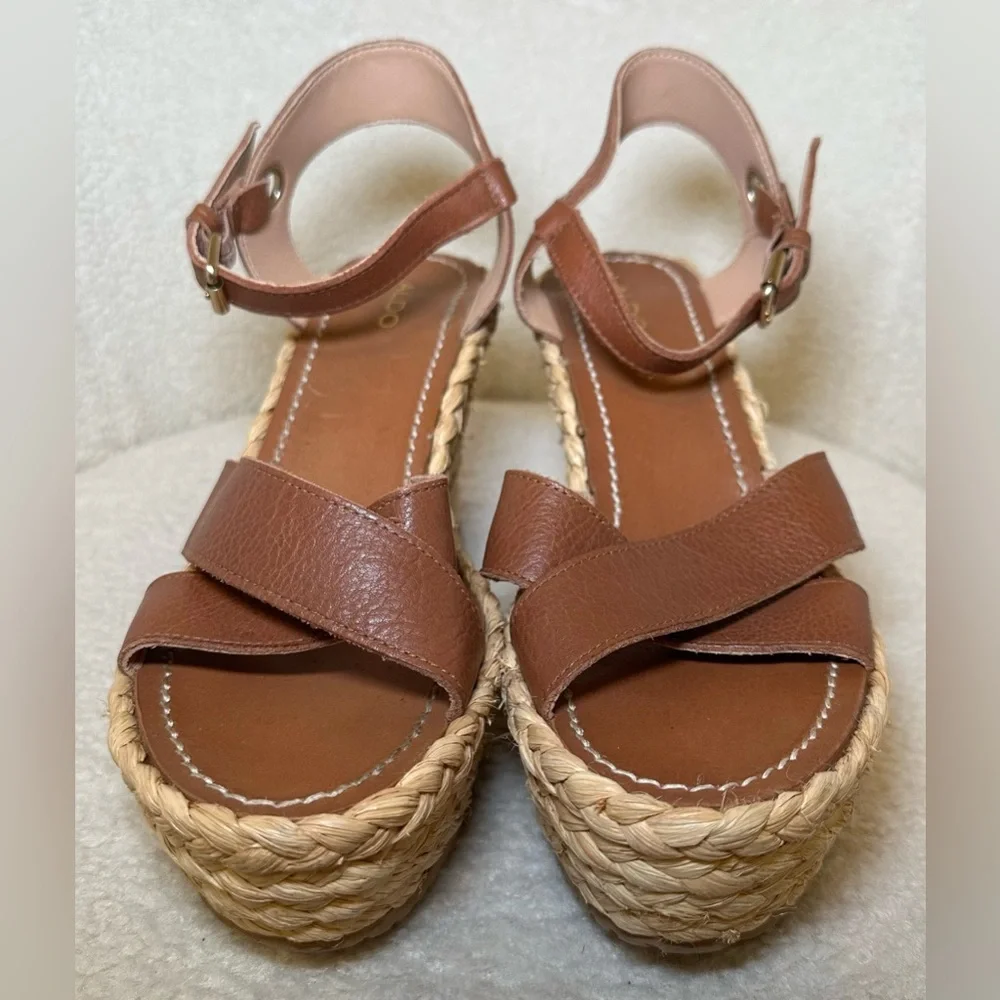 ALDO espadrilles platform shoes heels tan brown leather ankle straps summer 8.5‎